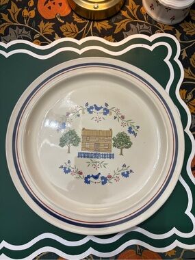 Cream Dinner Plate with Blue and Red Trim and Cottage Motif